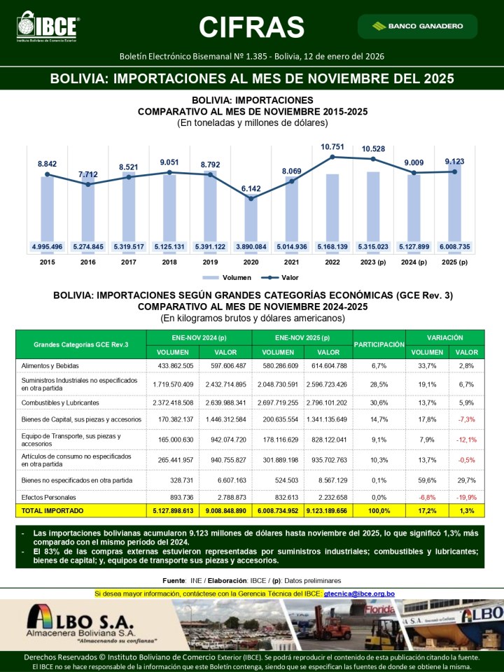 Bolivia: Importaciones al mes de noviembre del 2025