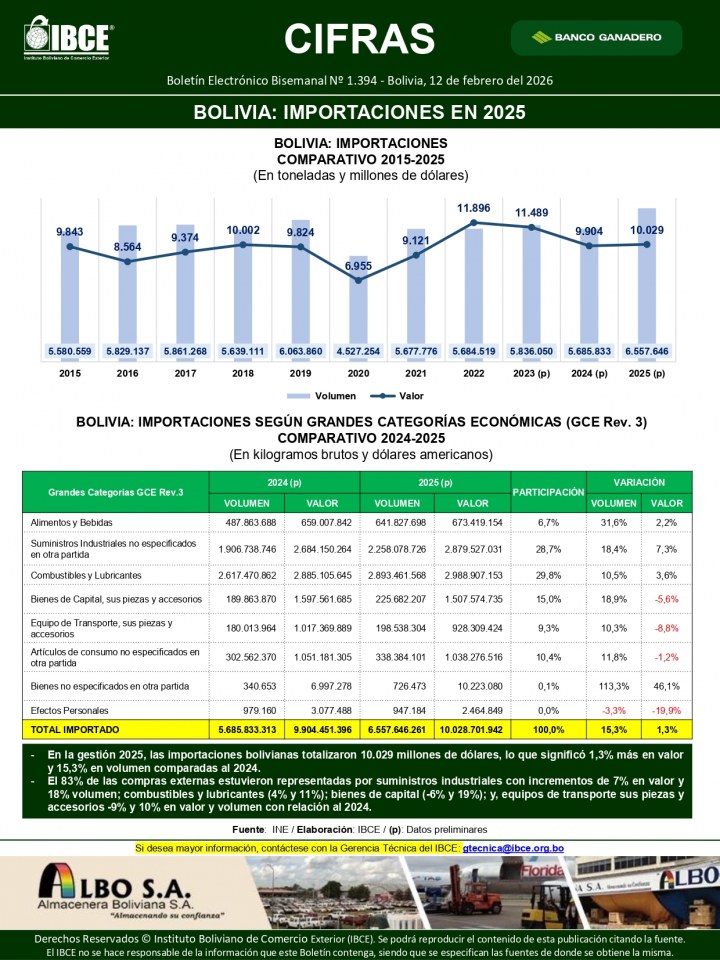 Bolivia: Importaciones en 2025