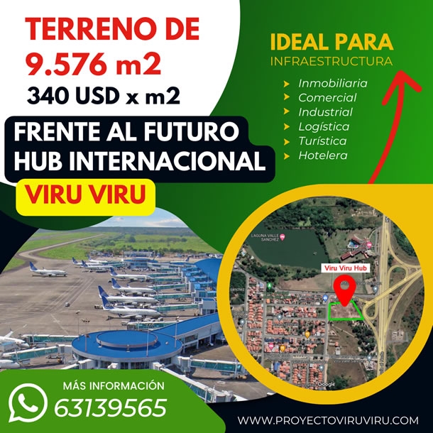 ¡TERRENO EN VENTA¡ Una inversión recalculada frente al futuro Aeropuerto Internacional Viru Viru HUB